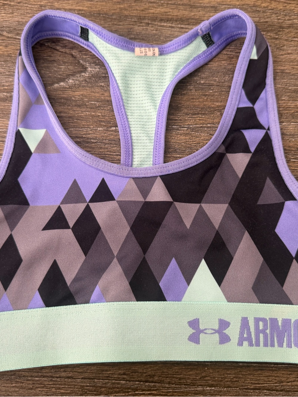 Under Armour Purple Geo Triangle Racerback Sports Bra with Mint Band.  Girls XS.